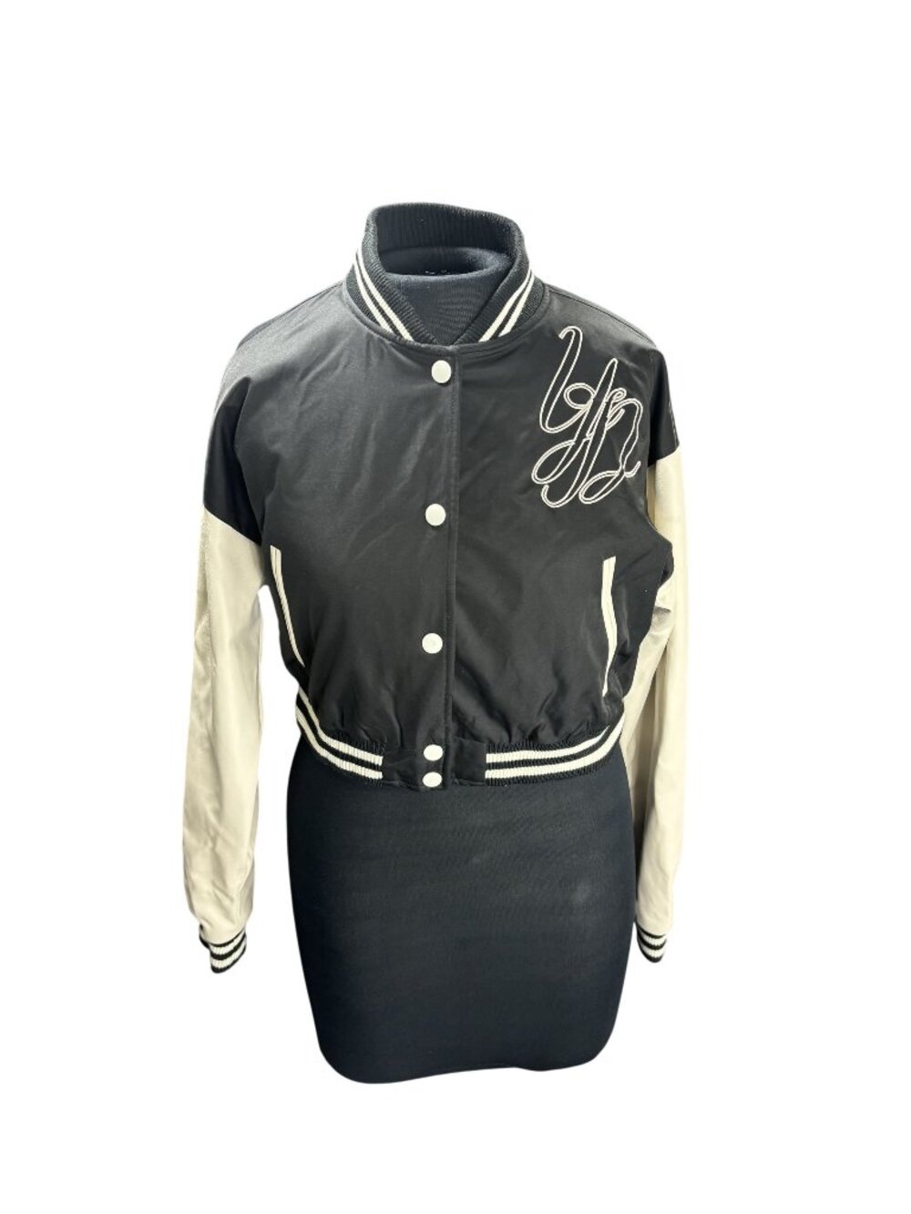 Forever 21 Womens Black & White Cropped Varsity Jacket With Embroidered Logo Siz